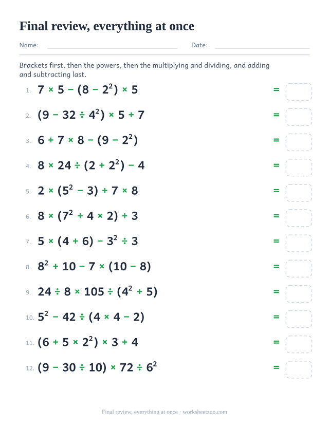 Final order of operations review worksheet with brackets, powers and five terms