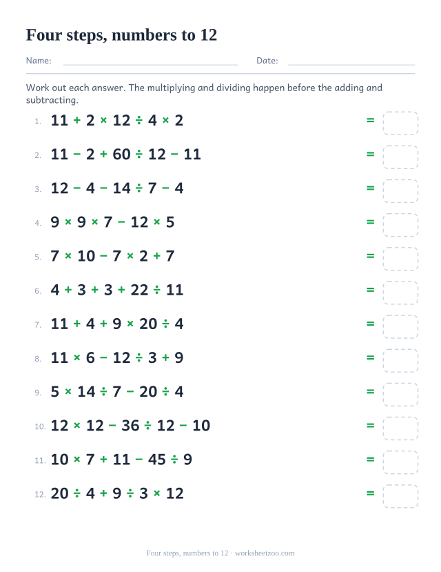 Order of operations worksheet with five numbers and four operations