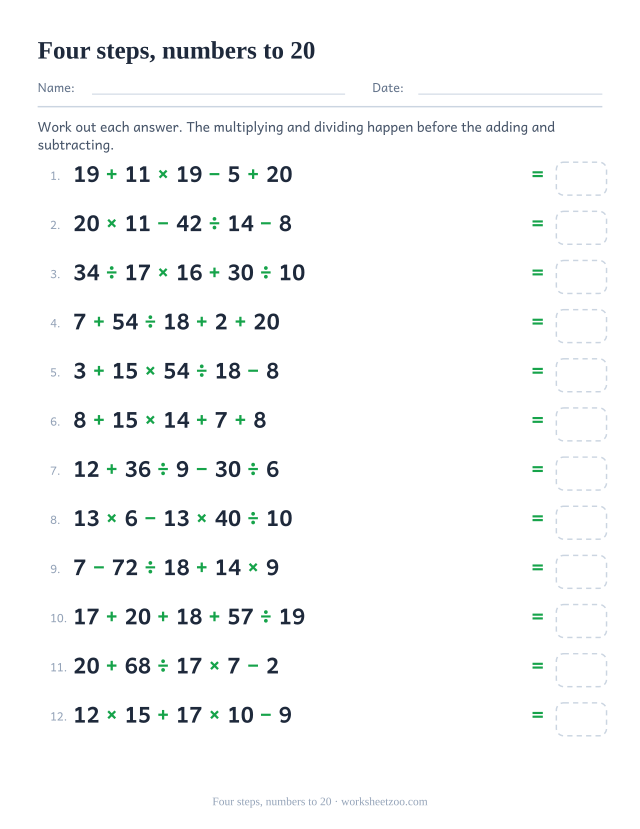 Order of operations worksheet with five numbers, four operations and larger values