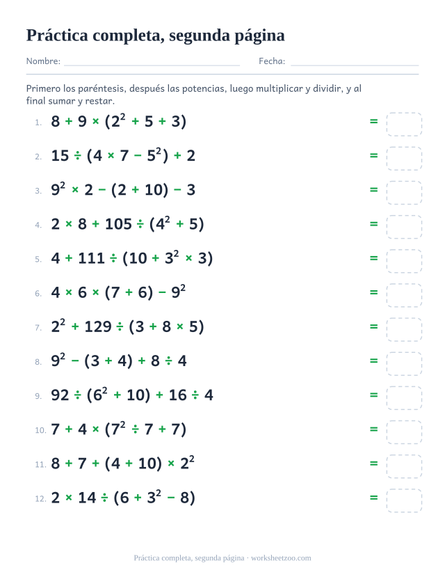 Segunda ficha completa de jerarquía con paréntesis, potencias y signos mezclados