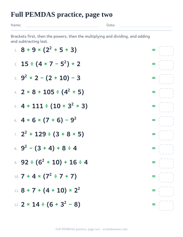 Second full PEMDAS worksheet with brackets, powers and mixed signs
