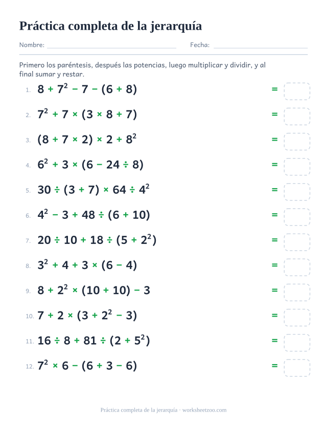 Ficha completa de jerarquía de operaciones con paréntesis, potencias y los cuatro signos