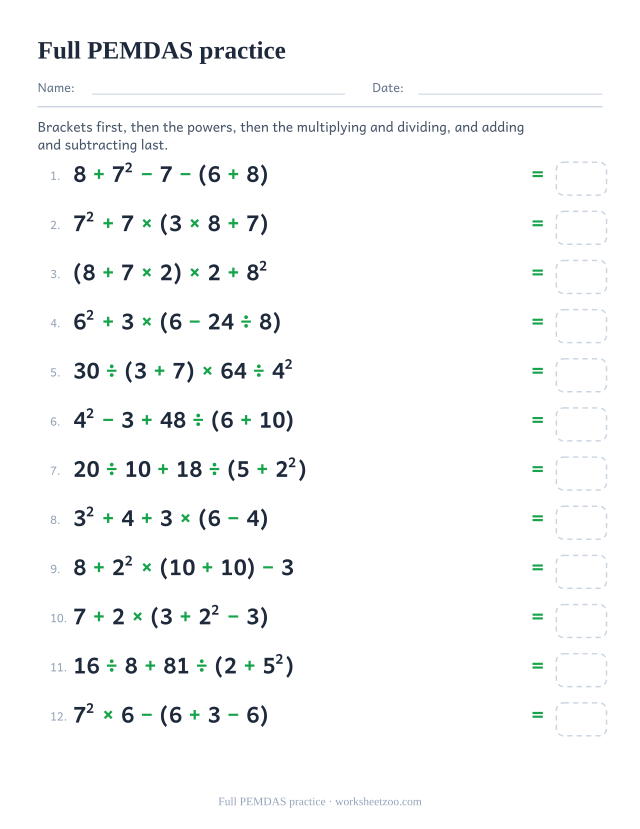Full PEMDAS order of operations worksheet with brackets, powers and all four signs