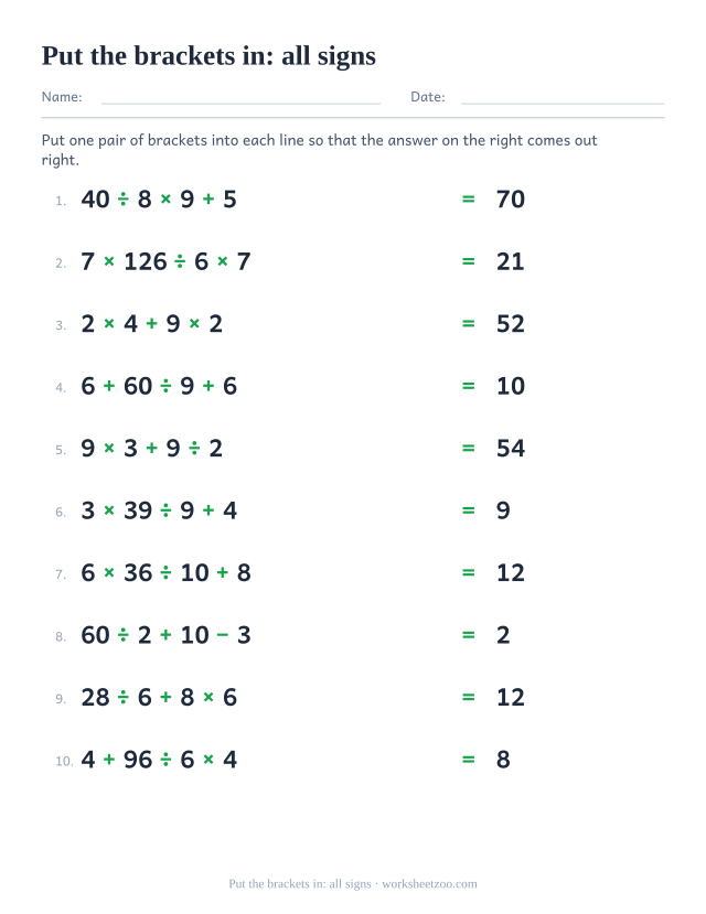 Order of operations worksheet inserting brackets into expressions with all four signs