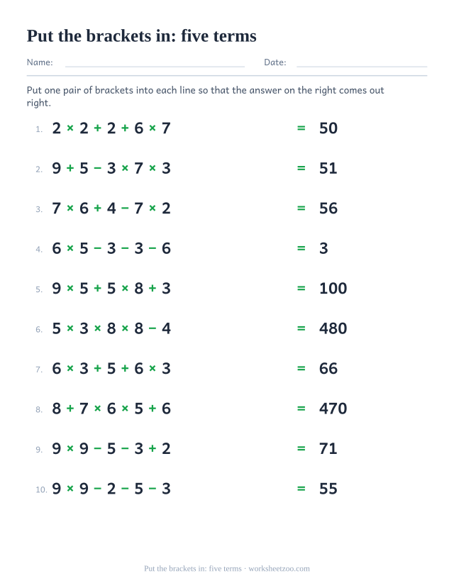 Order of operations worksheet inserting brackets into five number expressions