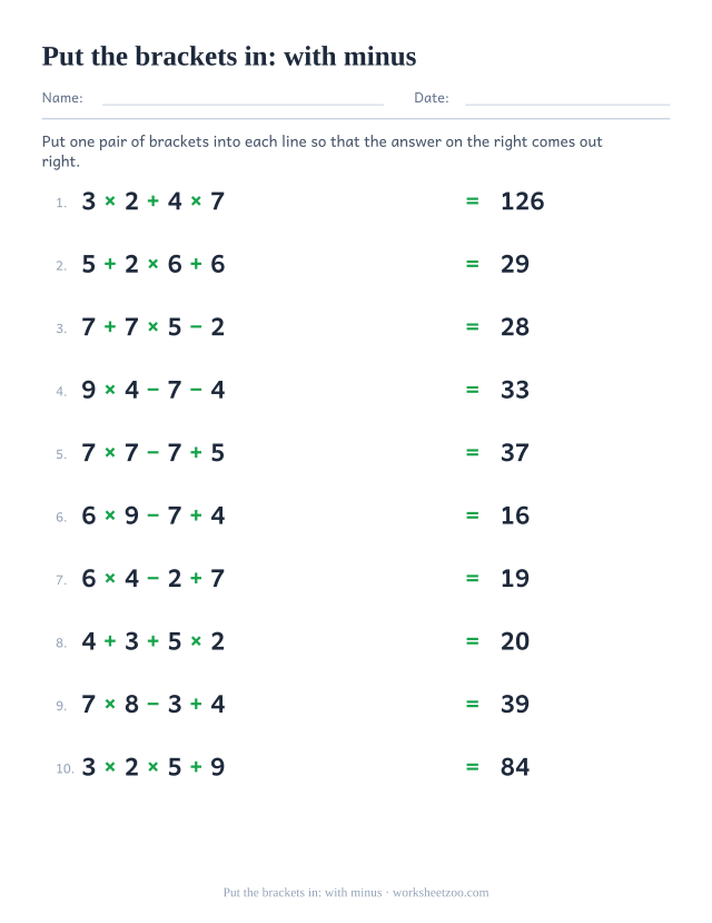 Order of operations worksheet adding brackets to expressions that contain a minus sign