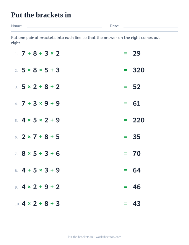 Order of operations worksheet where the child adds brackets to make each equation true