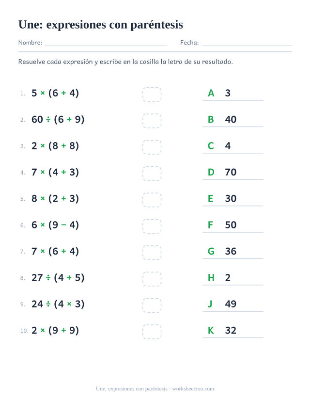 Ficha para unir expresiones con paréntesis y sus resultados en jerarquía de operaciones