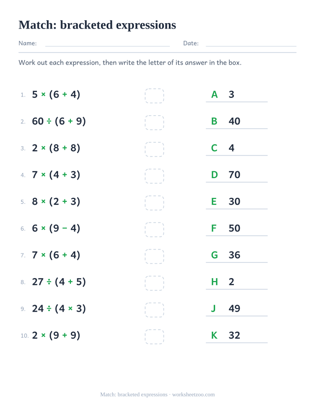 Order of operations matching worksheet with bracketed expressions and their values