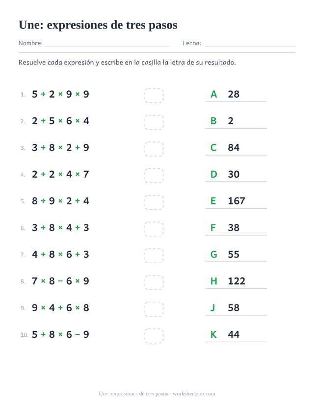 Ficha para unir expresiones de cuatro números con su resultado