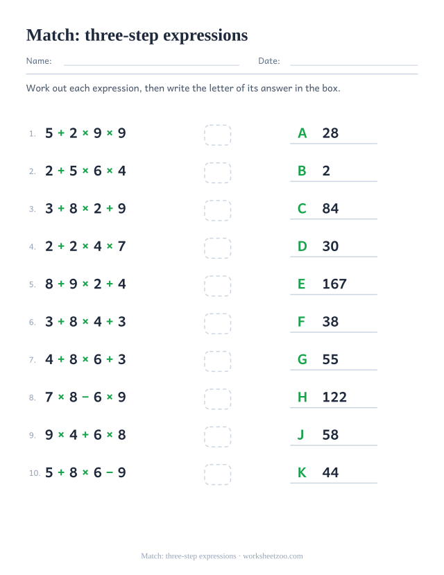 Order of operations matching worksheet with four number expressions