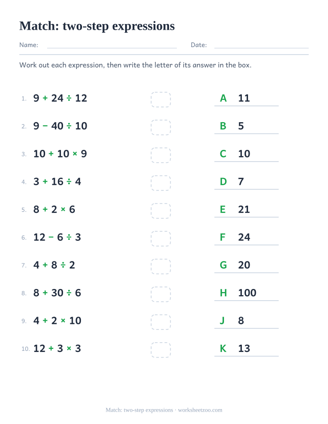 Order of operations matching worksheet linking two step expressions to their values