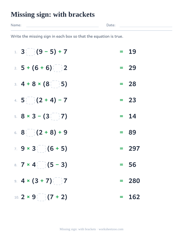 Order of operations worksheet with a missing sign inside or beside a bracket