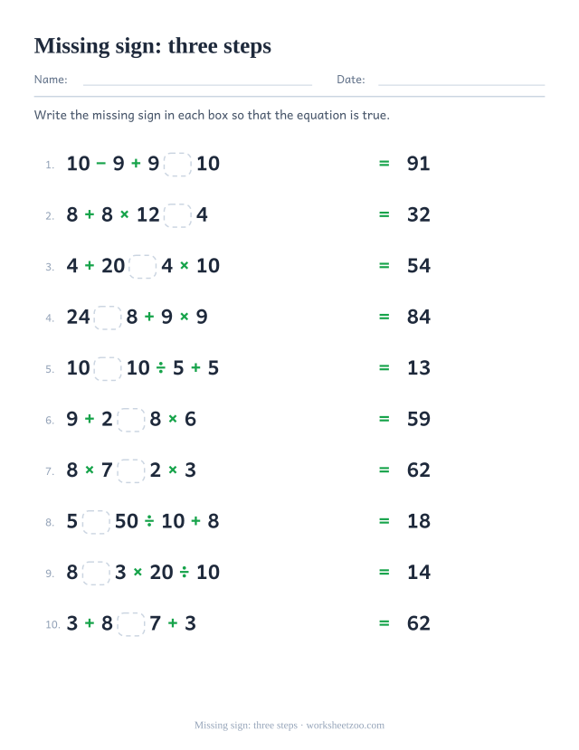 Order of operations worksheet with a missing sign in four number expressions