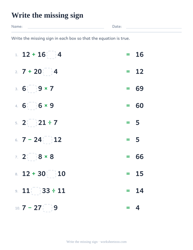 Order of operations worksheet writing the missing operation sign in each box