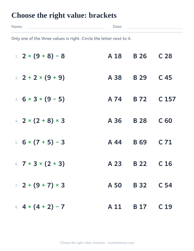 Multiple choice order of operations worksheet with bracketed expressions