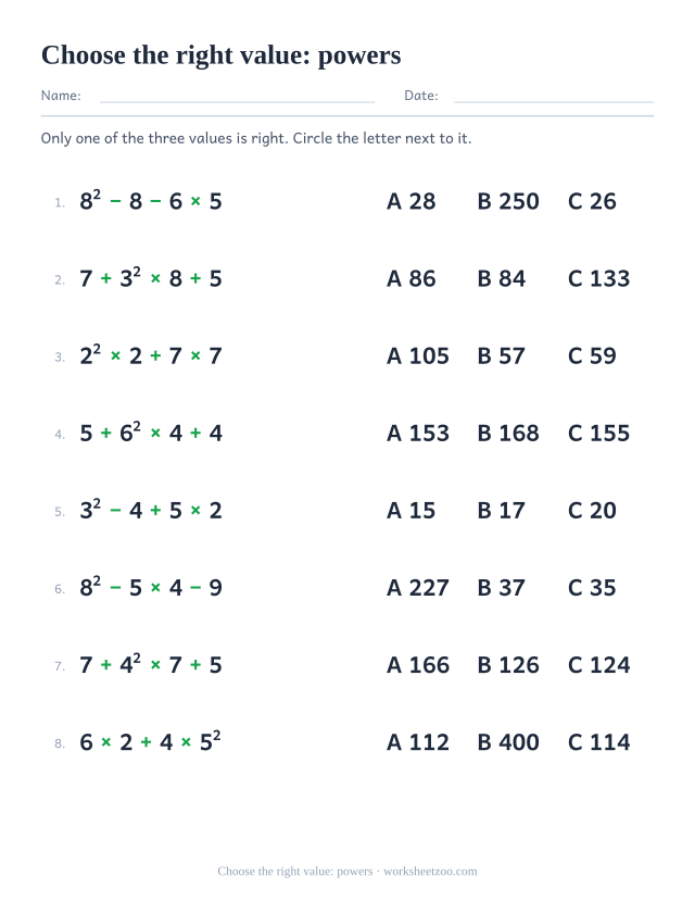 Multiple choice order of operations worksheet with powers in every expression