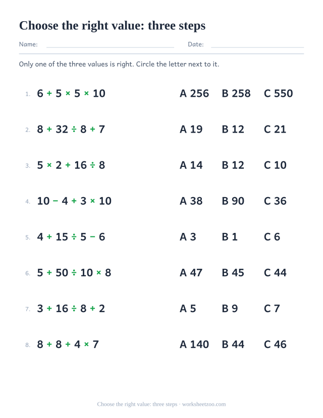 Multiple choice order of operations worksheet with four number expressions