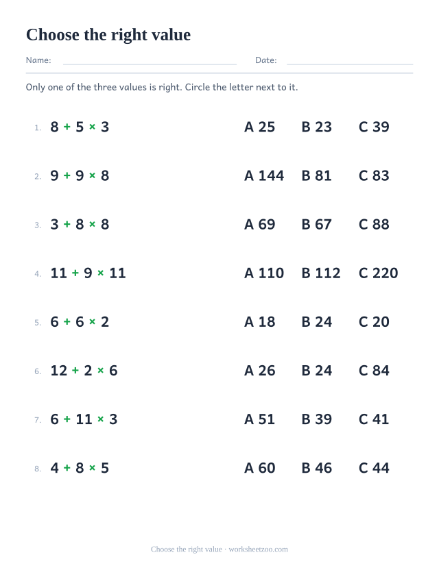 Multiple choice order of operations worksheet with three values per expression