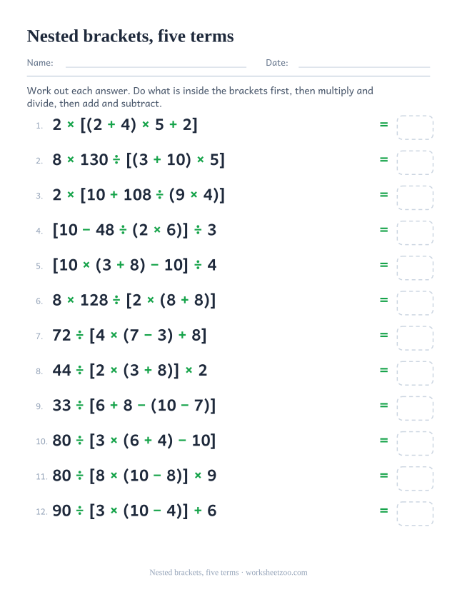 Order of operations worksheet with nested square and round brackets across five numbers