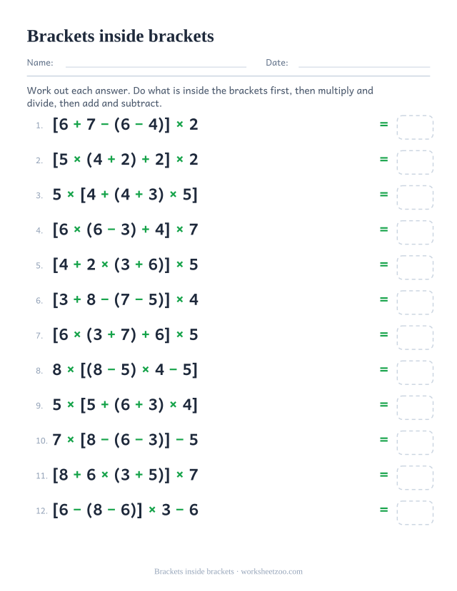 Order of operations worksheet with a round bracket nested inside a square bracket