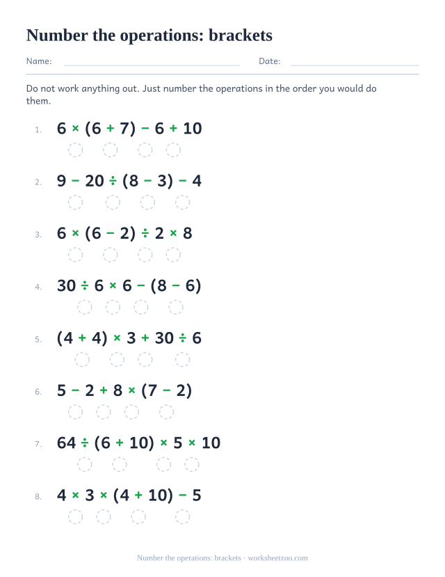 Order of operations worksheet numbering operations in bracketed expressions