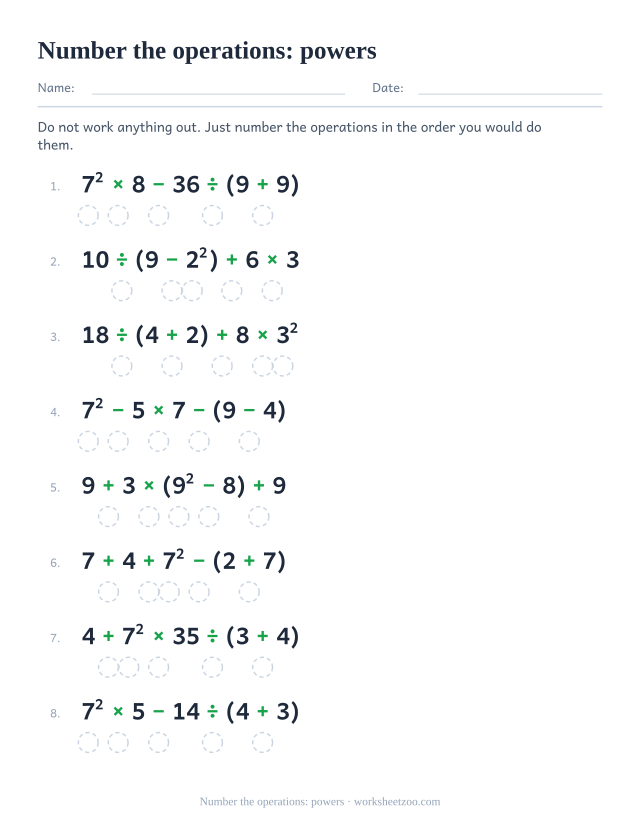 Order of operations worksheet numbering operations including a power step