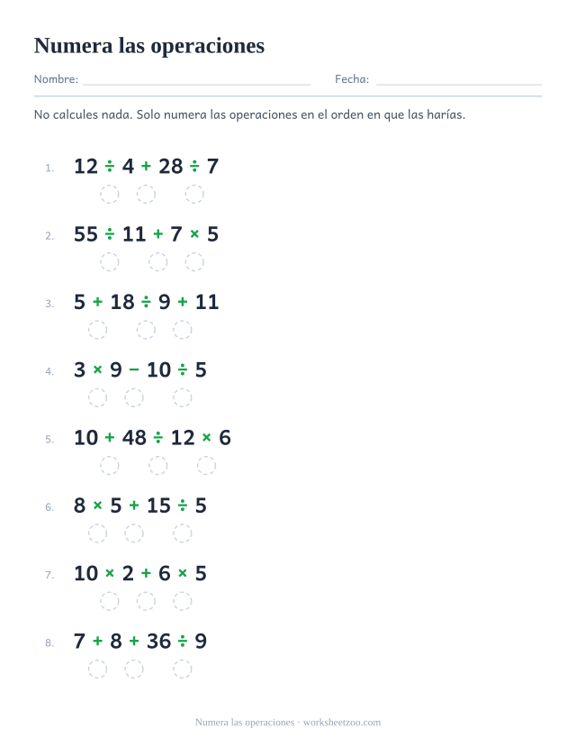 Ficha de jerarquía de operaciones para numerar las operaciones sin calcular