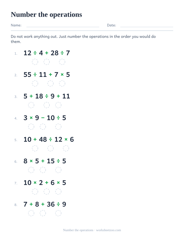 Order of operations worksheet numbering the operations without calculating