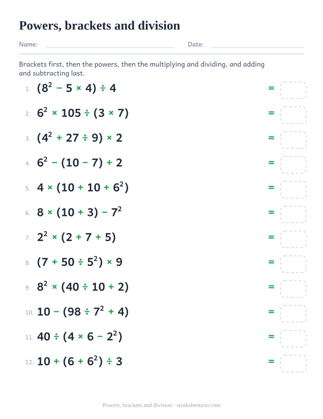 Order of operations worksheet with powers, brackets and exact division together