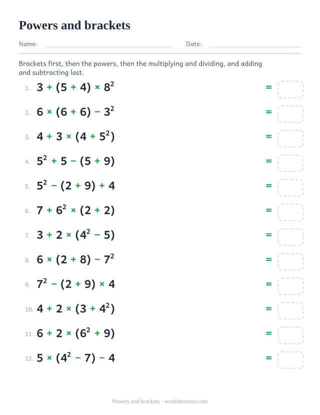 Order of operations worksheet with a power and a bracket in the same expression