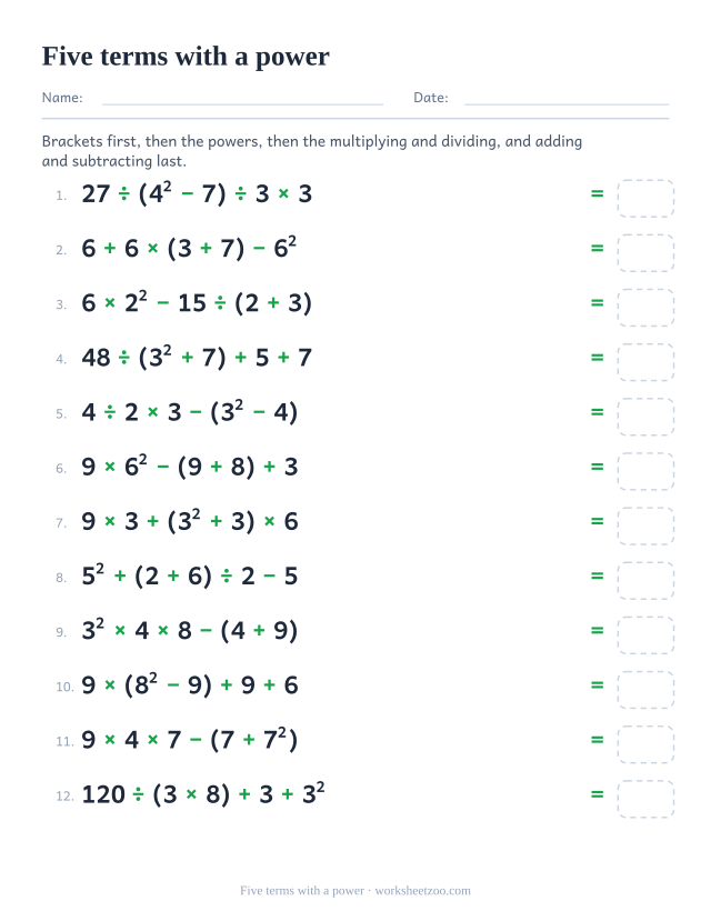 Order of operations worksheet with five numbers, one power and one bracket