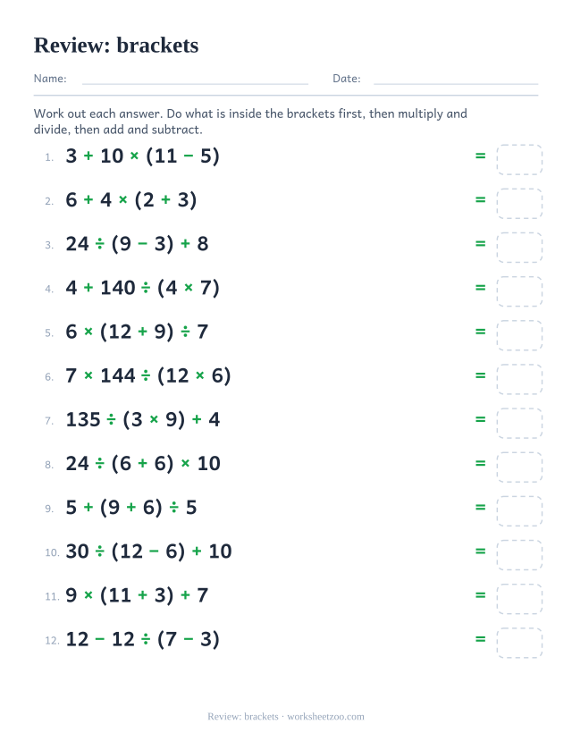 Order of operations review worksheet focused on bracketed expressions