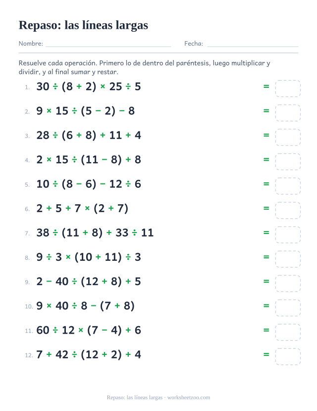 Ficha de repaso con expresiones de cinco términos y paréntesis