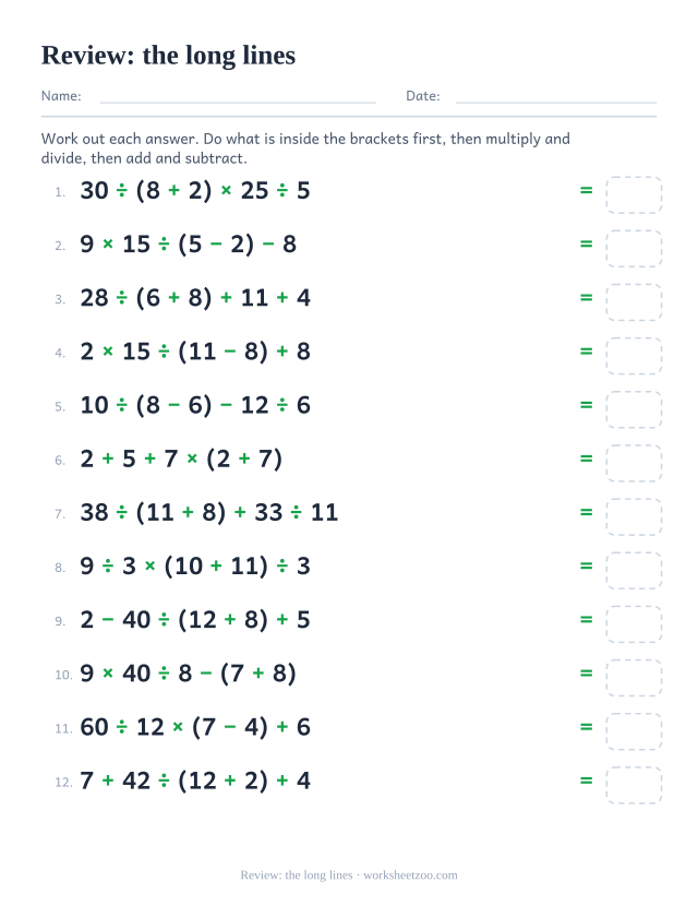 Order of operations review worksheet with five term bracketed expressions