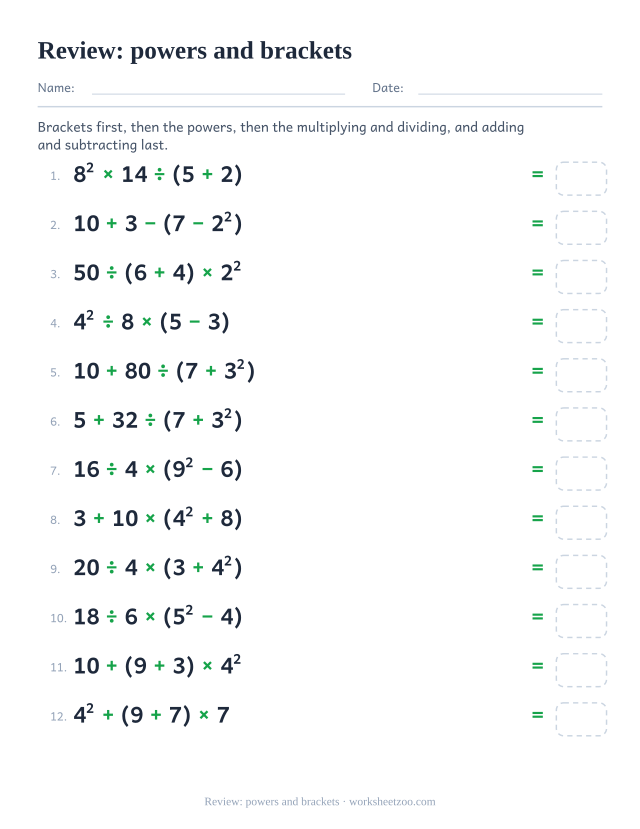 Order of operations review worksheet combining powers and brackets in four term lines