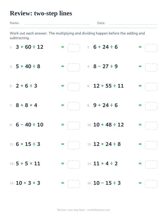 Order of operations review worksheet with sixteen two step expressions