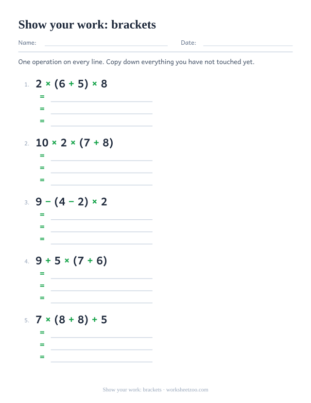 Order of operations worksheet writing out the steps for bracketed expressions