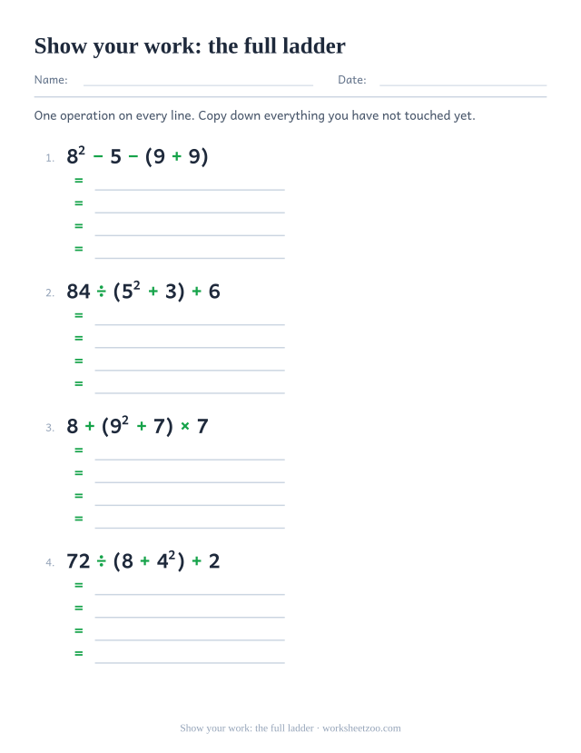 Order of operations worksheet writing out every step of a bracket and power expression