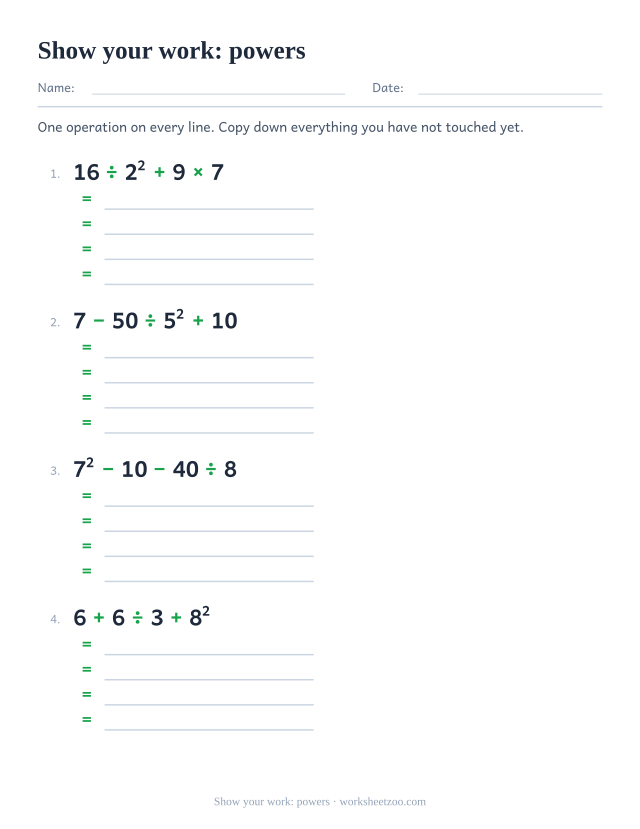 Order of operations worksheet writing out four steps including a power