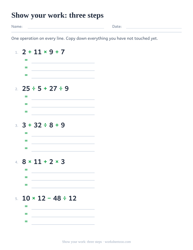 Order of operations worksheet with three working lines under each expression