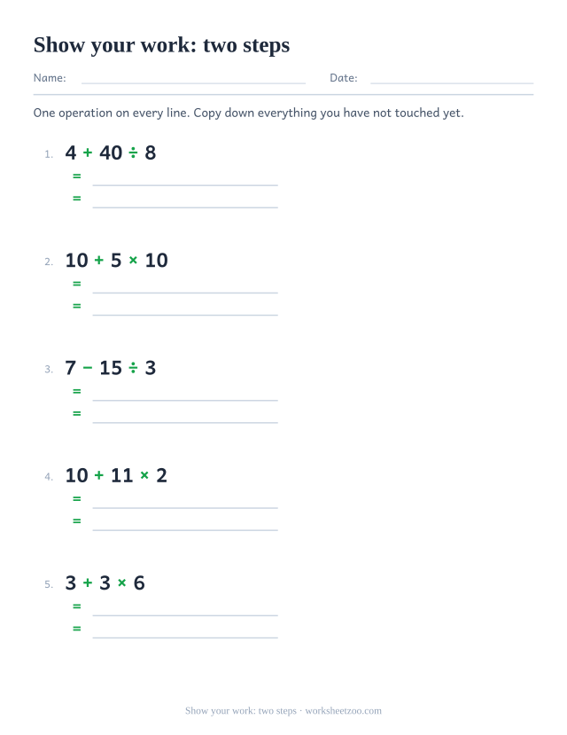 Order of operations worksheet with ruled lines for writing out two working steps