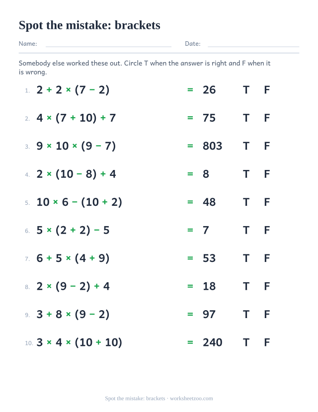 Order of operations worksheet spotting mistakes in bracketed calculations