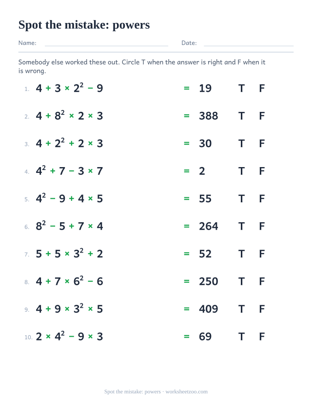 Order of operations worksheet spotting mistakes in calculations with powers