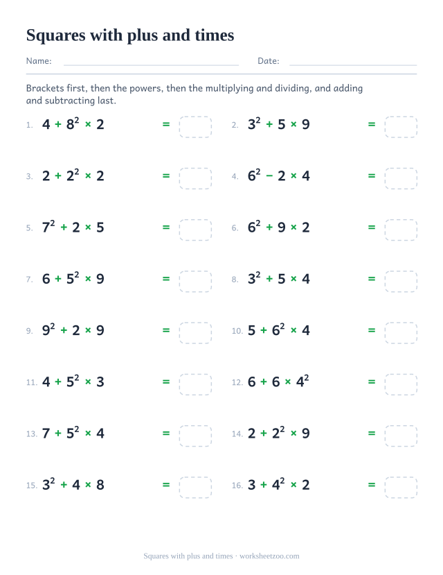 Order of operations worksheet with one squared number in each two step line