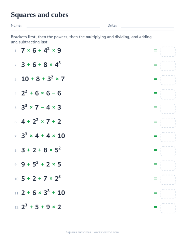 Order of operations worksheet mixing squared and cubed numbers