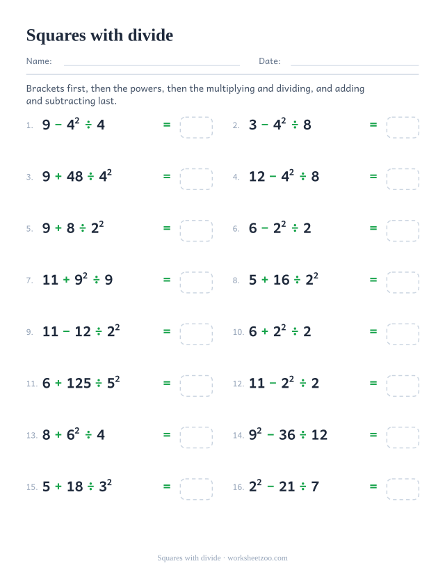 Order of operations worksheet dividing by or into a squared number