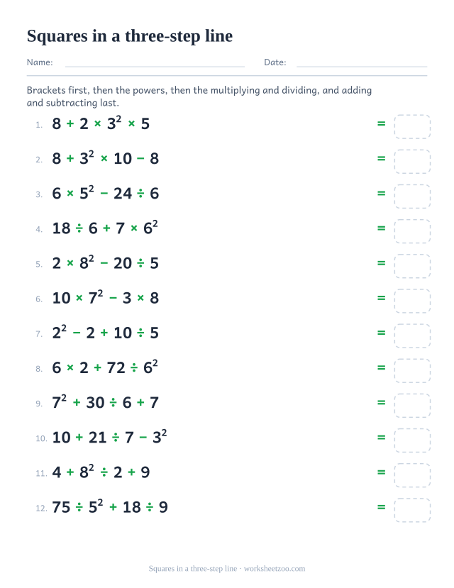 Order of operations worksheet with a squared number inside a four number expression