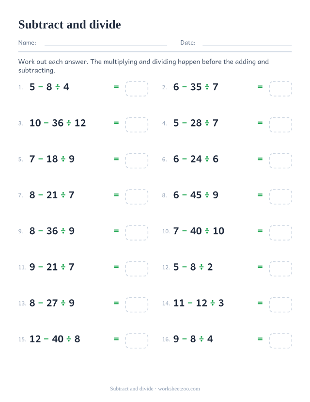 Order of operations worksheet subtracting a quotient from a starting number