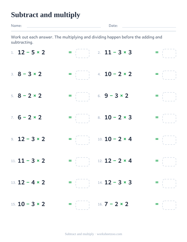 Order of operations worksheet where a product is subtracted from a starting number